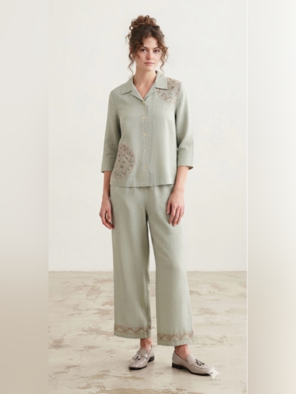 Vintage Koret Linen-Blend Cropped Pants Suit Set With Embroidery Top L Pants